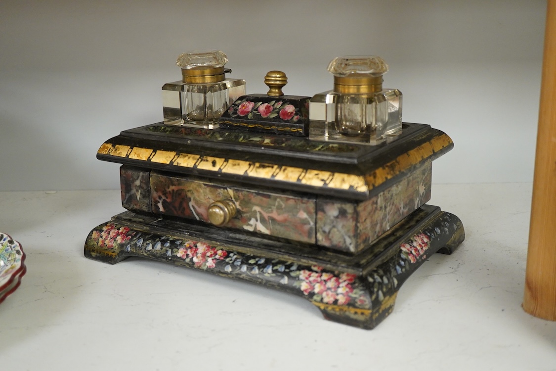 A 19th century painted black slate desk stand with two glass ink wells, 30cm wide